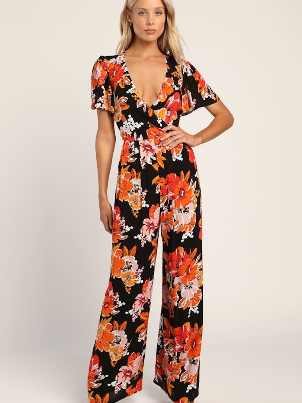 Lulu's Black Jumpsuit with Orange Floral Print